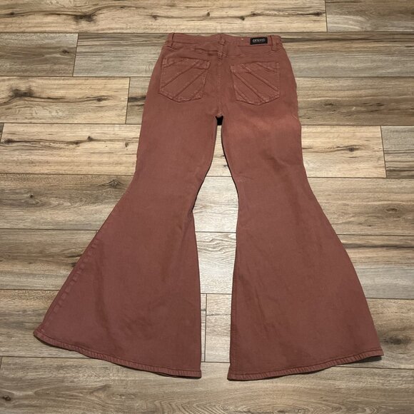 Shyanne Tulip Hem Super Flare Jeans SZ 33 x 32 Red Clay Brown High Rise Stretch - Picture 11 of 13